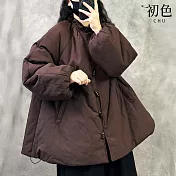 【初色】新中式復古風寬鬆顯瘦加厚保暖純色單排牛角扣立領長袖棉服外套女外套-共2色-17285(L-2XL可選) L 咖色