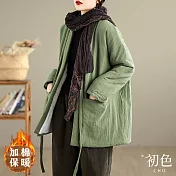 【初色】中式復古棉麻風格加厚斜綁帶V領長袖開衫外套女外套-共2色-17310(M-2XL可選) M 綠色