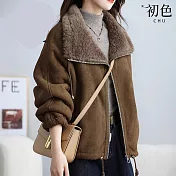 【初色】美式純色翻領仿羊羔絨加厚拉鍊長袖夾克外套女外套-咖色-17556(M-2XL可選) M 咖色