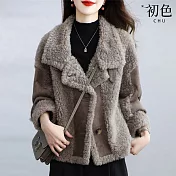 【初色】通勤風短款保暖拼接單排扣西裝領長袖仿羊羔毛大衣外套女外套-咖色-17555(M-2XL可選) M 咖色