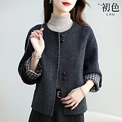 【初色】韓版簡約毛呢拼接格紋圓領長袖外套女外套-灰色-17552(M-XL可選) M 灰色