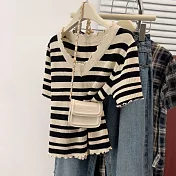 【MsMore】 V領條紋短袖木耳邊冰絲針織上衣# 127116 FREE 黑色