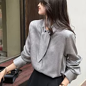 【MsMore】 系飄帶長袖襯衫品味上衣# 127117 M 灰色
