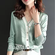 【MsMore】 V領印花拼接針織薄款上衣# 127120 M 綠色