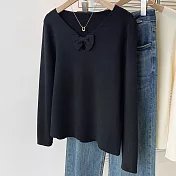 【MsMore】 溫柔V領針織薄款蝴蝶結長袖上衣# 127114 FREE 黑色