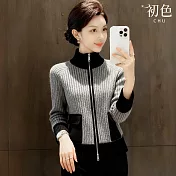 【初色】休閒寬鬆撞色拼接雙拉鍊口袋高領長袖針織外套女外套-灰色-17584(F可選) F 灰色