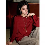 【MsMore】 踏雪尋梅褶皺氣質圓領上衣# 127122 M 紅色