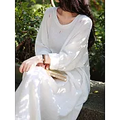 【ACheter】 純棉長袖寬鬆禪意茶服長款連身裙洋裝# 127124 L 白色