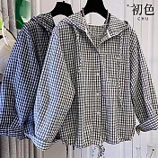 【初色】港風復古格子寬鬆休閒長袖開衫連帽襯衫外套女外套-共2色-18505(M-3XL可選) M 灰色