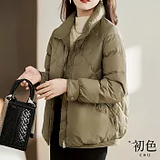 【初色】簡約純色立領直筒輕薄科技保暖纖維加厚短款拉鍊口袋外套女外套-共2色-18486(M-3XL可選) M 咖色