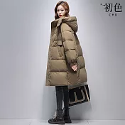 【初色】韓系純色保暖加厚中長款過膝拉鍊連帽長袖棉服外套女外套-共3色-18512(M-3XL可選) M 卡其色