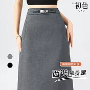 【初色】通勤風純色中腰顯瘦口袋西裝裙中長裙半身裙-共2色-18538(M-2XL可選) M 灰色
