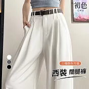【初色】慵懶風高腰顯瘦純色西裝闊腿褲休閒褲寬褲長褲-共3色-18537(M-2XL可選) M 白色
