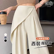 【初色】純色高腰直筒搭片釦子拉鏈西裝褲休閒褲寬褲長褲-共3色-18535(M-2XL可選) M 杏色