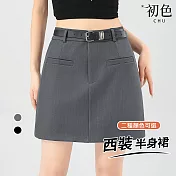【初色】素色一粒扣高腰拉鍊顯瘦A字西裝短裙半身裙-共2色-18536(M-2XL可選) M 灰色
