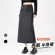 【初色】簡約休閒通勤修身收腰開叉包臀西裝裙A字裙中長裙半身裙-共2色-18572(M-2XL可選) M 灰色