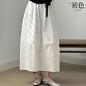 【初色】韓系慵懶風純色鬆緊高腰寬鬆顯瘦燈籠裙中長裙半身裙-共2色-18571(M-XL可選) M 白色