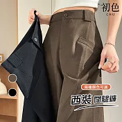 【初色】老錢風純色高腰垂感窄版口袋直筒闊腿褲休閒褲寬褲長褲-共2款2色-18543(M-2XL可選) M 咖色常規款