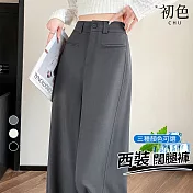 【初色】素色高腰垂感一粒扣拉鍊雙口袋西裝闊腿褲拖地褲休閒褲寬褲長褲-共3色-18544(M-2XL可選) M 灰色