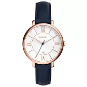 FOSSIL 網羅質感日期時尚腕錶-玫瑰金框白x深藍皮帶