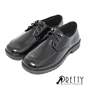 【Pretty】女 學生鞋 皮鞋 標準款 學院風 綁帶 圓頭 低跟 臺灣製 JP23 黑色