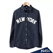 <現貨+預購>襯衫純棉拼布字母修身長袖襯衫三色-HeHa-M（深藍）