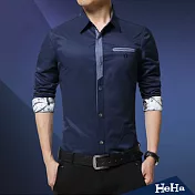 <現貨+預購>襯衫 雙色拼接印花仿牛仔長袖襯衫 三色-HeHa-3XL（深藍）
