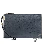 【Zoe’s】頂級牛皮  鴕鳥紋   拉鍊手拿包(深邃藍)