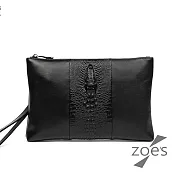 【Zoe’s】頂級牛皮   雙壓紋 洽公拉鍊手拿包(紳士黑)