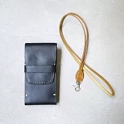 【預購商品】HANDIIN|設計手作 個性兩用手縫牛皮手機套(附牛皮掛繩/頸帶) 黑色