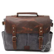 【Zoe’s】英倫時尚蠟染帆布X瘋馬皮雙口袋郵差包(品味灰)