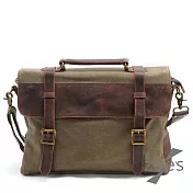 【Zoe’s】英倫手感瘋馬皮配帆布雅痞公事包(軍綠)