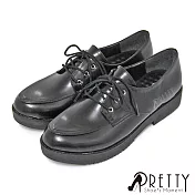 【Pretty】女 學生鞋 皮鞋 綁帶 顆粒乳膠 厚底 台灣製 JP24.5 黑色