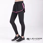 【LEADER】DS-20假兩件 透氣彈性運動長褲 女款S(黑底桃邊)