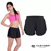 【LEADER】FTS-104假兩件 彈性吸排運動短褲 女款S(黑灰)