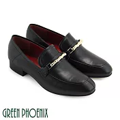 【GREEN PHOENIX】女 休閒鞋 福樂鞋 國際精品 金屬 皮革壓紋 義大利胎牛皮 平底 EU36 黑色
