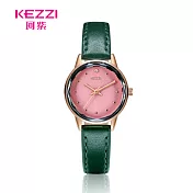 KEZZI珂紫 K-1774 小清新點鑽刻度星芒切玻皮帶錶- 綠色