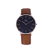 DW Daniel Wellington 經典中的獨特時尚優質麝香型咖啡皮革腕錶-黑+玫瑰金/36mm-DW00100138