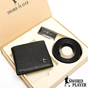 SWORD PLAYER - 莎普爾方格款真皮皮帶+10卡2照皮夾禮盒組黑