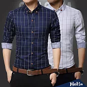 <現貨+預購>襯衫 纯棉格紋長袖襯衫 三色-HeHa-L（深藍）