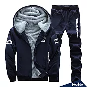 <現貨+預購>厚刷毛休閒拉鏈兩件式套裝 三色-HeHa-2XL（深藍）