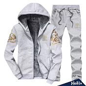 <現貨+預購>厚刷毛圖騰拉鏈兩件式套裝 四色-HeHa-L（淺灰色）