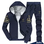 <現貨+預購>厚刷毛圖騰拉鏈兩件式套裝 四色-HeHa-XL（深藍色）