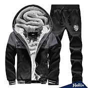 <現貨+預購>運動休閒拼色刷毛兩件式套裝 三色-HeHa-XL（黑灰色）