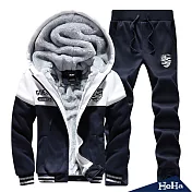 <現貨+預購>運動休閒拼色刷毛兩件式套裝 三色-HeHa-XL（深藍色）