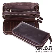 DF BAGSCHOOL皮夾 - 日系古著款牛皮皮革雙拉鍊長夾手拿包咖啡
