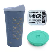 美國gosili ❚ 16oz ❚TOGO矽膠咖啡隨行杯(金曜灰) +吸管杯蓋(Tiffany綠) +吸管口袋組27cm(冰霜白)