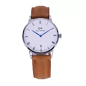 DW Daniel Wellington 經典中的獨特時尚優質麝香型咖啡皮革腕錶-白+銀殼/34mm-DW00100114