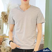 <現貨+預購>V領細條紋短袖T恤上衣 三色-HeHa-3XL（淺灰色）