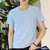 <現貨+預購>V領細條紋短袖T恤上衣 三色-HeHa-L（淺藍色）